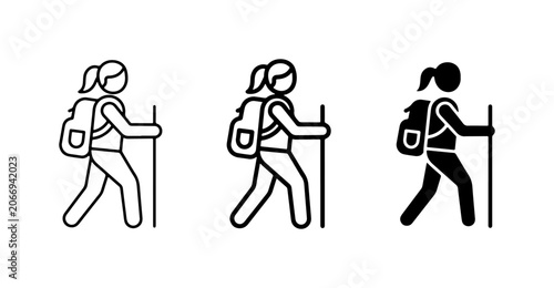 Hiking Icon Set: Female Trekker, Backpack, Walking Stick, Outline, Filled, Silhouette Styles