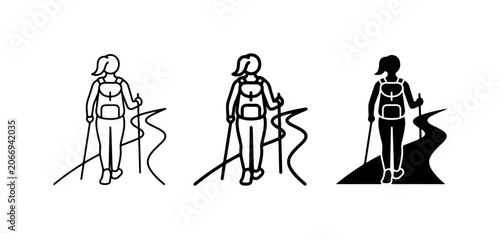 Woman Hiking Icon Set, Trekking Silhouette, Outdoor Adventure Vector Graphics