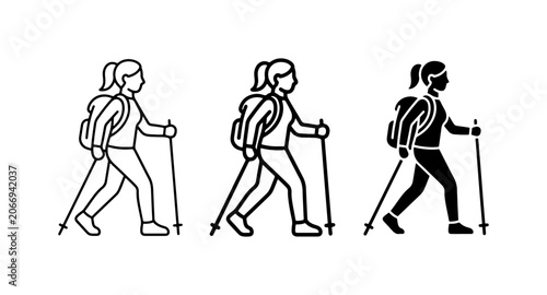 Hiking Woman Icons Set, Trekking Female Silhouette, Nordic Walking Vector Graphics