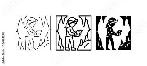 Bild auf Leinwand Cave Exploration Icons, Speleology Vector Set, Adventure Discovery Graphics