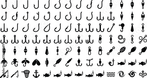 Photos Fishing hook and tackle silhouette icon set with bait lure float anchor and outd
