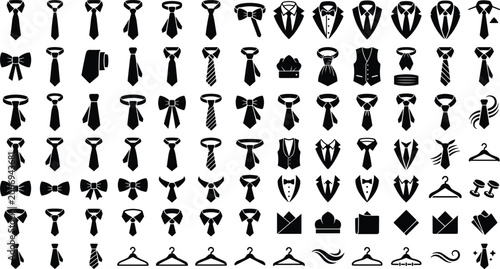 Fotografie Necktie and bow tie silhouette icon set with suit vest pocket square and hanger