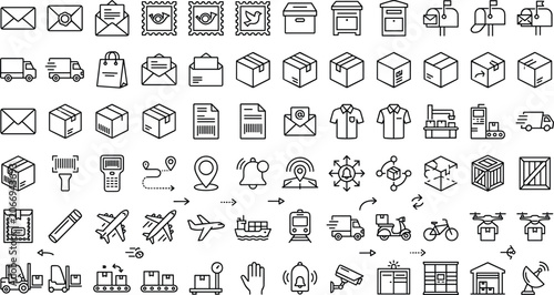 Foto Postal service and logistics line icon set with shipping delivery box mail envel