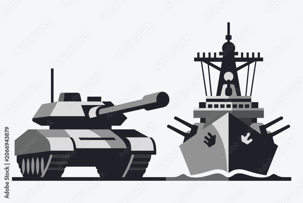 Fototapeta premium Military tank and naval battleship representing land and sea armed forces, powerful warfare machines logo.