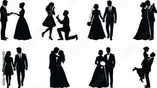 Quadro su tela Romantic couple silhouettes showing proposal, wedding, and celebration moments