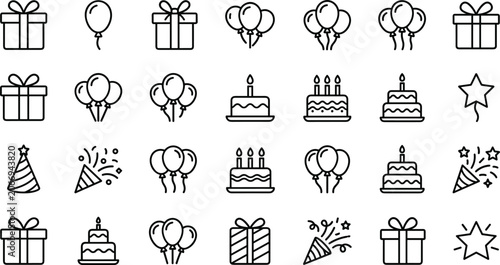 Photos Birthday party line icon set with celebration cake gift box balloon star and con