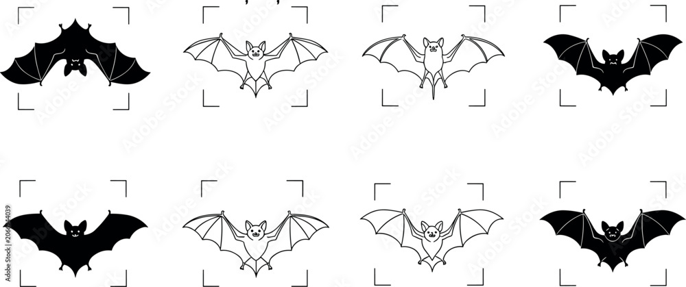Fototapeta premium Spooky Halloween flying bat vector icon set featuring detailed vampire bat silhouettes and line art outlines for gothic holiday party decoration design