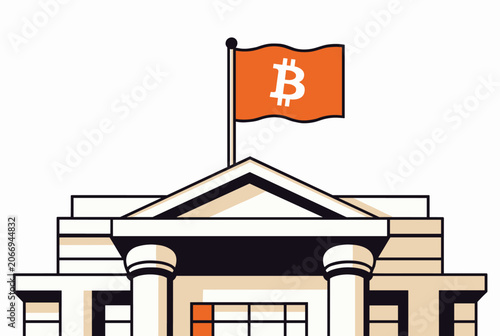 Classical government or bank building shown with an orange bitcoin flag waving proudly on a pole on its roof.