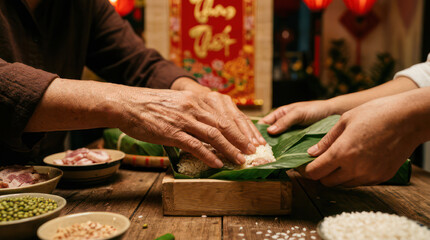 Hands preparing traditional Vietnamese banh chung cake for Lunar New Year celebration.