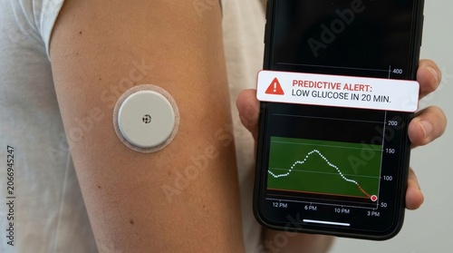 Person managing blood sugar levels with a wearable sensor device and smartphone digital application for remote health monitoring
