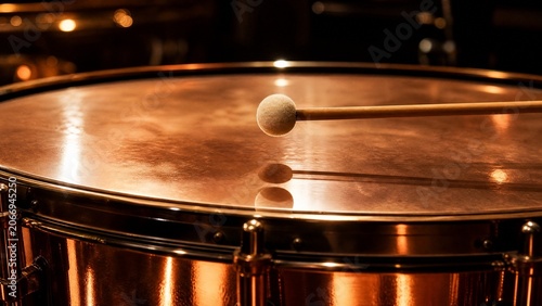 timpani. Close-up of a timpani drumhead with a drumstick poised just above its center. event programs, museum guides, designed for cultural heritage projects and event programs, preserves heritage.