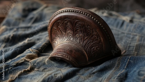 cantle. A solitary saddle cantle resting on worn denim fabric, symbolizing a journey's pause. mobility guides, transit brochures, designed for transport & logistics marketing.