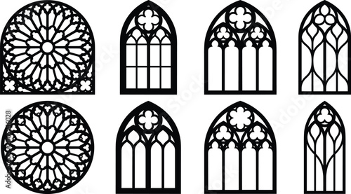 Fotografía Gothic window silhouettes, rose tracery vector, medieval cathedral icons, pointe