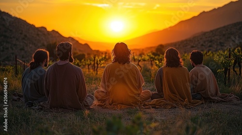 Five people sitting in grass watching sunset over mountains, spiritual gathering, friendship, nature, meditation
