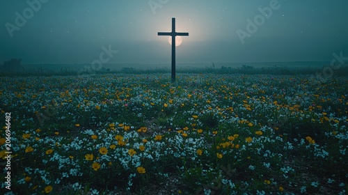 Cross silhouette in blooming wildflower field under moonlit night sky with stars and atmospheric fog