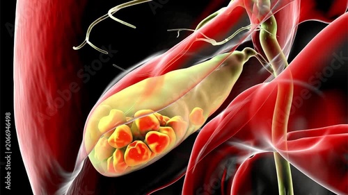 Gallbladder with stones, 3D animation showing cholelithiasis. Gallstones can block bile flow and cause pain, inflammation, or infection requiring medical or surgical treatment.