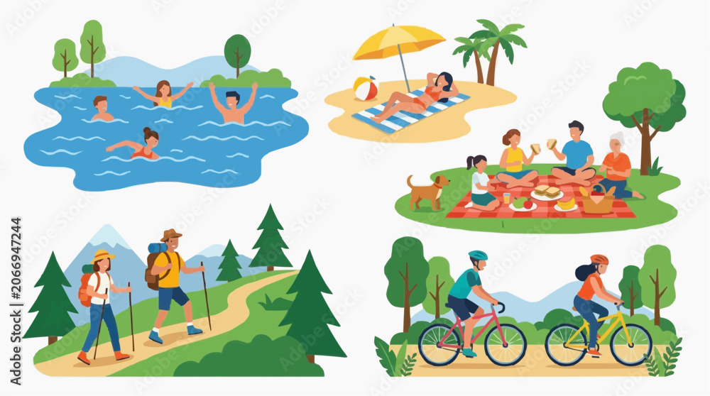 Fototapeta premium A vibrant collage depicting various summer leisure activities. The images showcase people enjoying swimming in a lake, relaxing on a sandy beach under a yellow umbrella. isolated on white background