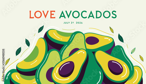 Photos Fresh green avocado halves arranged in a colorful flat vector illustration