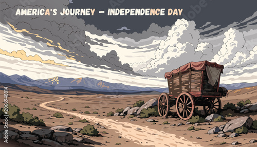 Foto Wooden pioneer wagon traveling across a vast dusty American desert landscape