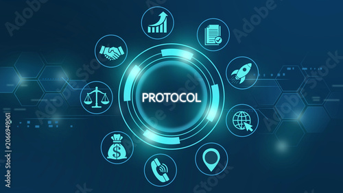 Photos Digital protocol hub with business and technology on dark blue hexagonal backgro