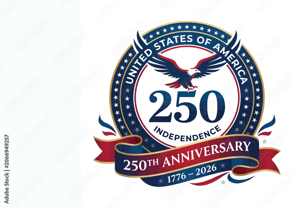 Fototapeta premium Independence anniversary seal features a bald eagle perched above the number 250 on a white background.