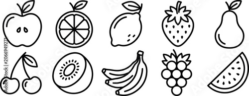 Φωτογραφία A comprehensive collection of ten minimalist black and white line art vector icons representing a variety of fresh healthy fruits arranged in two neat rows depicting various fruits including apple