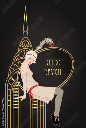 Art Deco vintage invitation template design with illustration of flapper girl over patterns and frames. Retro party background set in1920s style. Vector for glamour event, thematic wedding or jazz