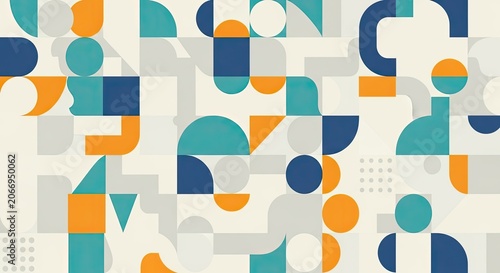 Abstract geometric pattern in various shapes and colors against a light backdrop