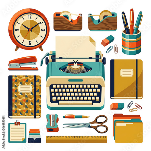 Colorful flat lay of office and school supplies.