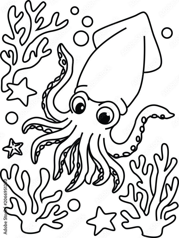 Fototapeta premium Cute Squid Coloring Page with Ocean Plants, Marine Animal Line Art