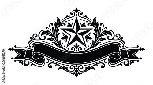 Floral ornament with star and ribbon banner black silhouette