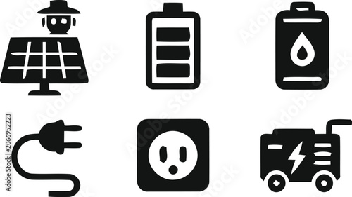 Quadro su tela Black icons of solar panel, battery, canister, plug, socket and generator