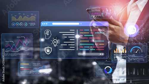 Obraz na plátně Digital Interface with Data Visualization Elements, Artificial Intelligence Concepts, Financial Charts, and Modern Business Analytics in a Dynamic Urban Setting Gluon