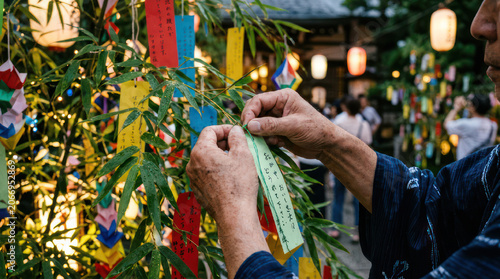 Person decorating a bamboo tree with colorful paper strips for a festival.