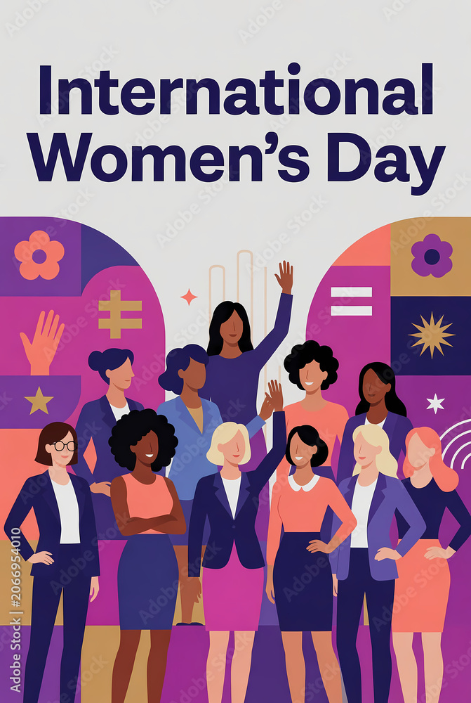 Obraz premium A diverse group of women stands together celebrating International Women's Day with abstract floral and geometric designs.