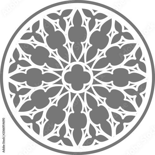 Circular gothic rosette with radial pattern. Vintage architectural element for cathedral decoration, emblem design, fantasy art and oriental ornamental projects.