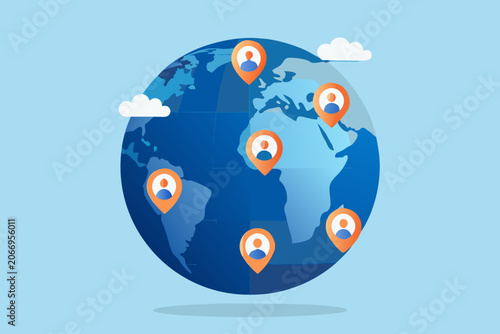 World globe illustration with location markers and cloud shapes