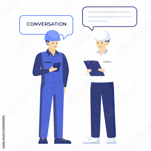 Construction workers discussing plans flat vector illustration on white background