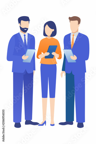 Three businesspeople with tablets flat vector illustration on white background