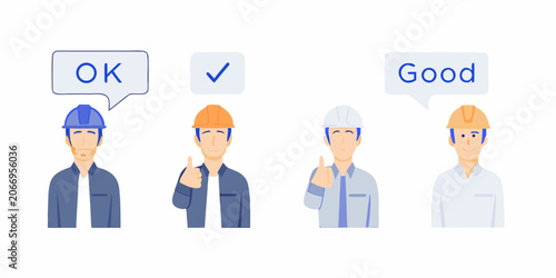 Construction workers illustration set flat vector style with approval indicators