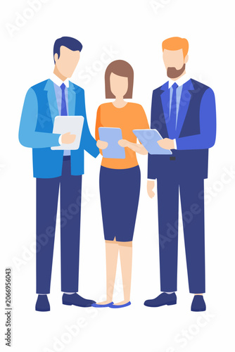 Three Businesspeople With Tablets Flat Vector Illustration