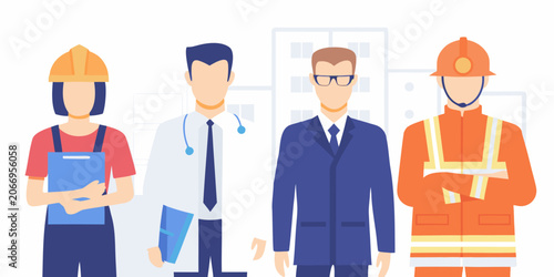 Occupational Diversity Illustration Featuring Construction Worker Doctor Businessman And Firefighter