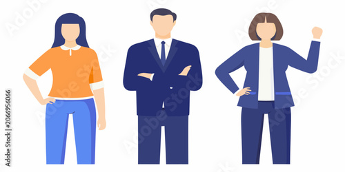 Three stylized figures in business attire flat vector illustration