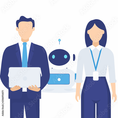 Businesspeople And Robot Assistant Flat Vector Illustration