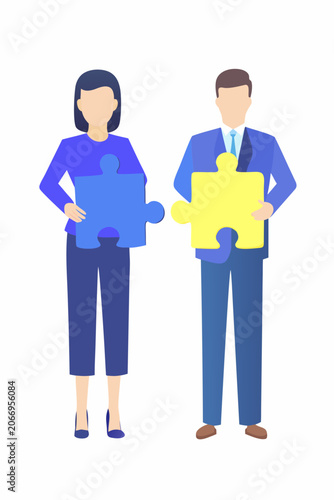 Two People Connecting Puzzle Pieces Flat Vector Illustration