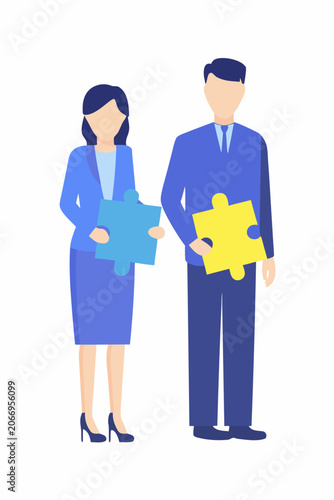 Business partners holding puzzle pieces flat vector illustration on white background