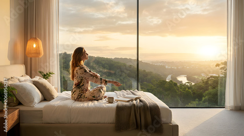 Woman Relaxing on Bed While Enjoying Scenic Sunrise View Through Panoramic Window