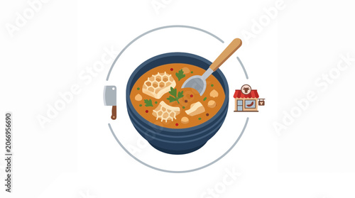Canvastavla Hearty Beef Tripe Stew in Bowl with Butcher Knife and Restaurant Icon