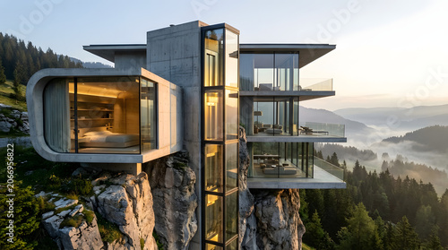 Futuristic Cliffside Luxury Residence with Panoramic Glass Walls Above Mountain Valley