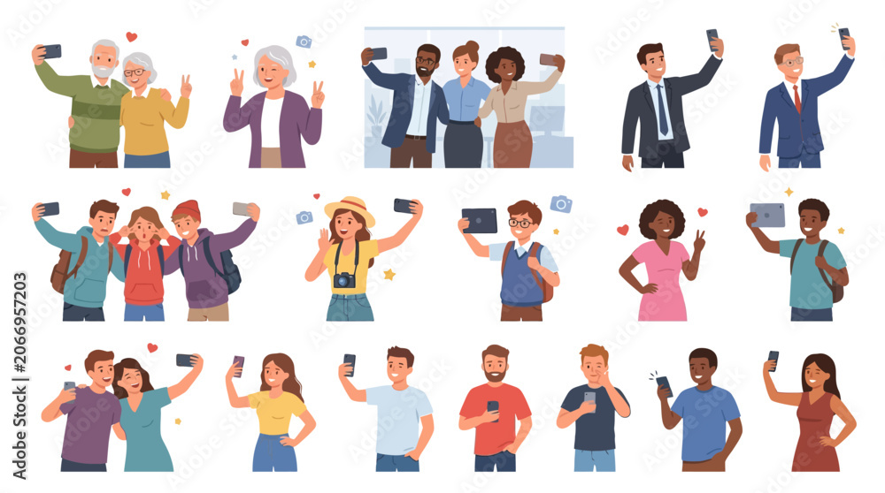 Fototapeta premium Diverse people taking selfies on smartphones, flat vector illustration character set isolated on white